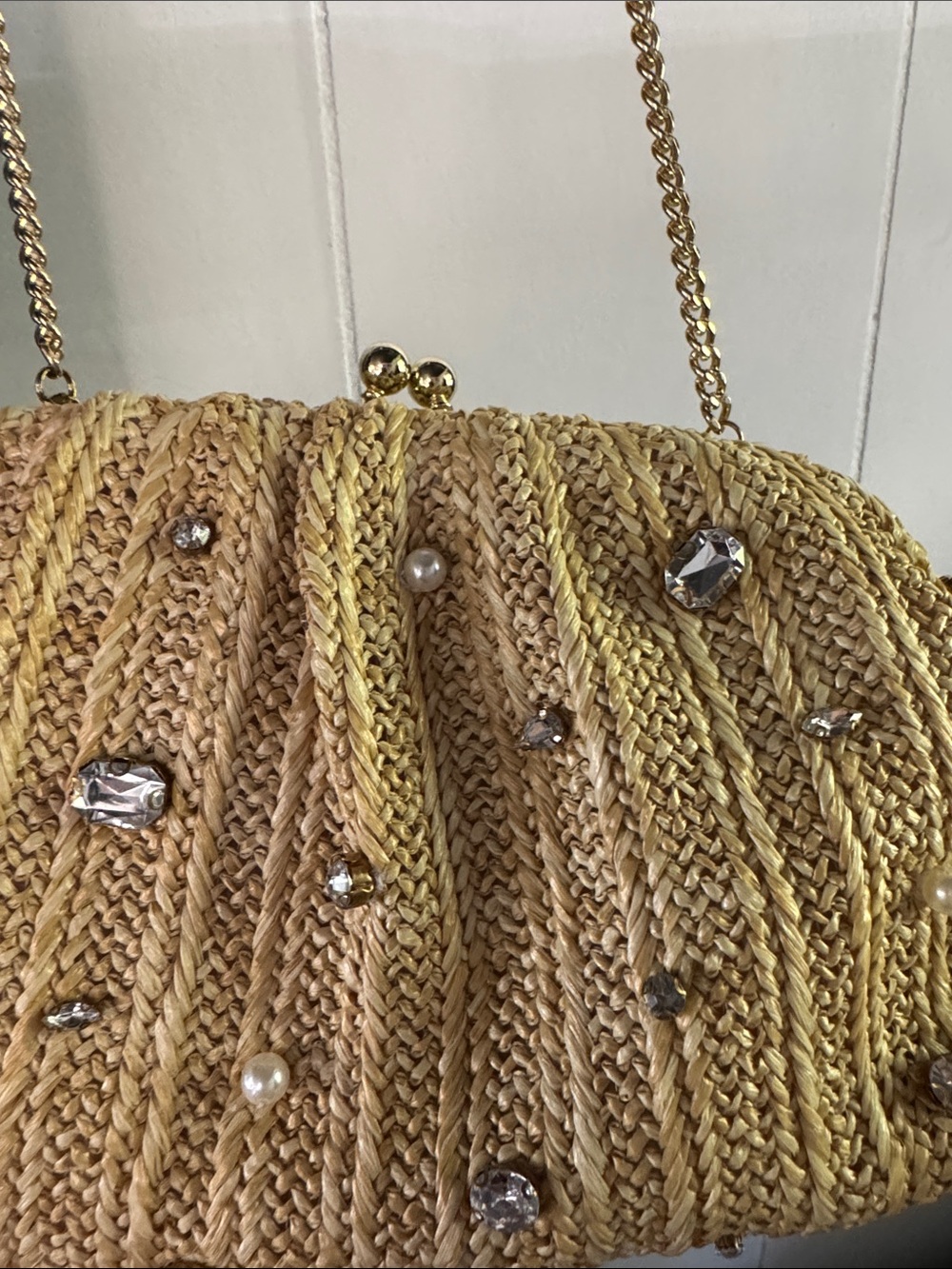 J. Crew Gold Woven Beaded Kiss-Lock Crossbody Clutch